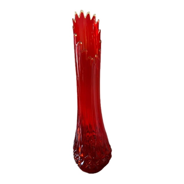 Vintage L E Smith Ruby Red and Ambarina Ribbed Swung Glass Vase For Sale
