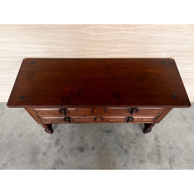 19th Century Catalan Spanish Carved Walnut Console Sofa Table, Four Drawers For Sale - Image 9 of 11