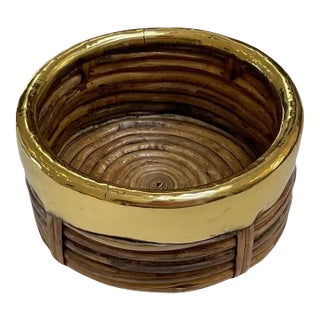 1970s Italian Bamboo/ Rattan Wine Coaster With Polished Brass Rim For Sale