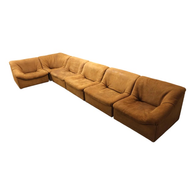 1970s De Sede Attributed Vintage Ds-46 Modular Sofa in Cognac Buffalo Leather, Set of 6 For Sale
