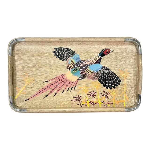 1960s Vintage Rustic Farmhouse Boho Chic Large Cerused Oak Pheasant Tray, Small, Thanksgiving For Sale