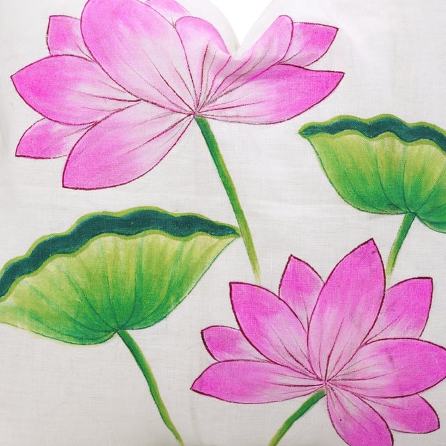 Fabdivine Pure White Linen Handmade Block Print Floral Design Throw Pillow Cover 16x16 Inches - Kamal For Sale - Image 4 of 5