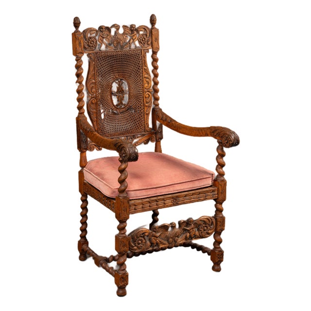 19th Century Ornate Carved Throne With Intricate Cane Backrest For Sale