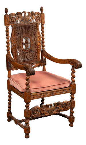 19th Century Ornate Carved Throne With Intricate Cane Backrest