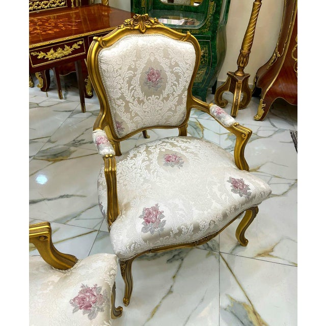 French French Louis XVI-Inspired Armchair Set of 2 – Gold Leaf Carved Frame With Floral Damask Upholstery For Sale - Image 3 of 3