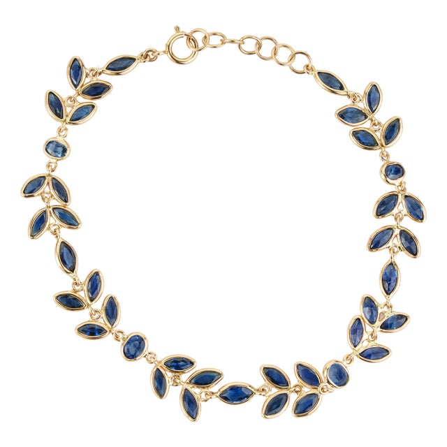 14k Yellow Gold 7.01ct Marquise Blue Sapphire Vine Leaf Link Bracelet For Sale