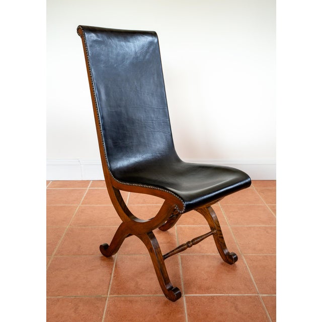 Mid-Century Neo-Classical Spanish Oak and Black Leather Dining Chairs by Pierre Lottier for Valmazan, 1960s, Set of 2 For Sale - Image 13 of 18