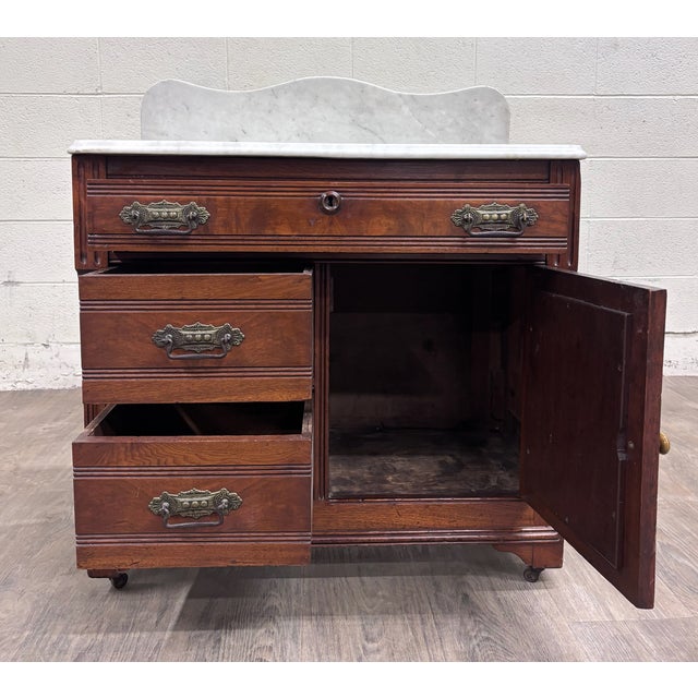 Antique Victorian Eastlake Walnut Marble Top Knapp Joint Washstand For Sale - Image 12 of 15