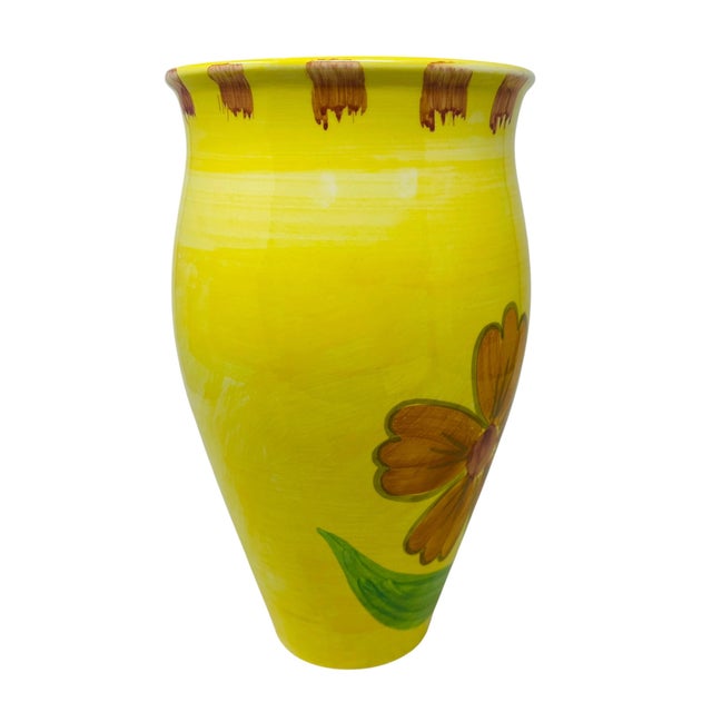 Italian Vintage 1980s Italian Hand-Painted Yellow Floral Ceramic 12-Inch Urn Vase For Sale - Image 3 of 12