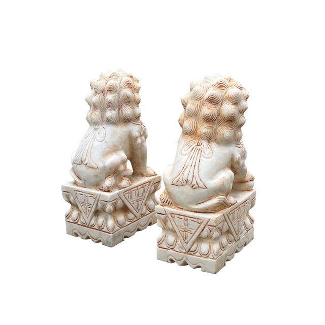 2020s Chinese Small Pair Cream White Marble Stone Fengshui Foo Dogs Statues For Sale - Image 5 of 7