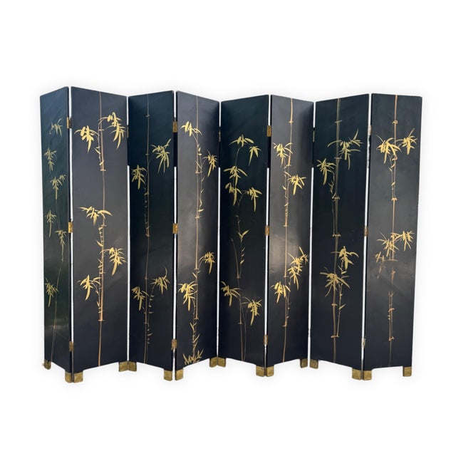 Wood Large Chinese Eight-Panel Black Lacquer Folding Screen With Scholar Landscape, Circa 1925–1940 For Sale - Image 7 of 13