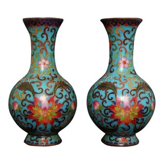 Late 19th Century Pair of Turquoise Cloisonné Enamel Lotus Vases For Sale