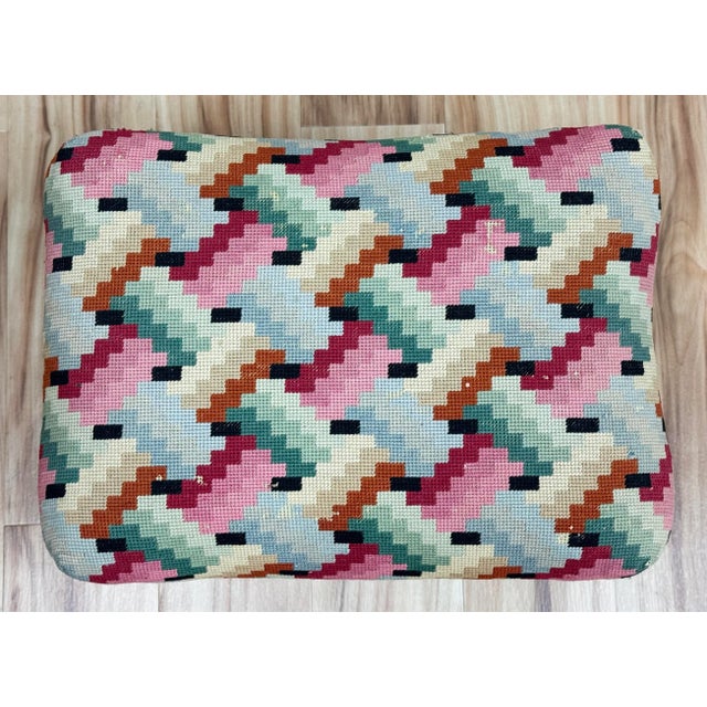 Vintage Colorful Patterned Needlepoint Footstool For Sale - Image 4 of 12