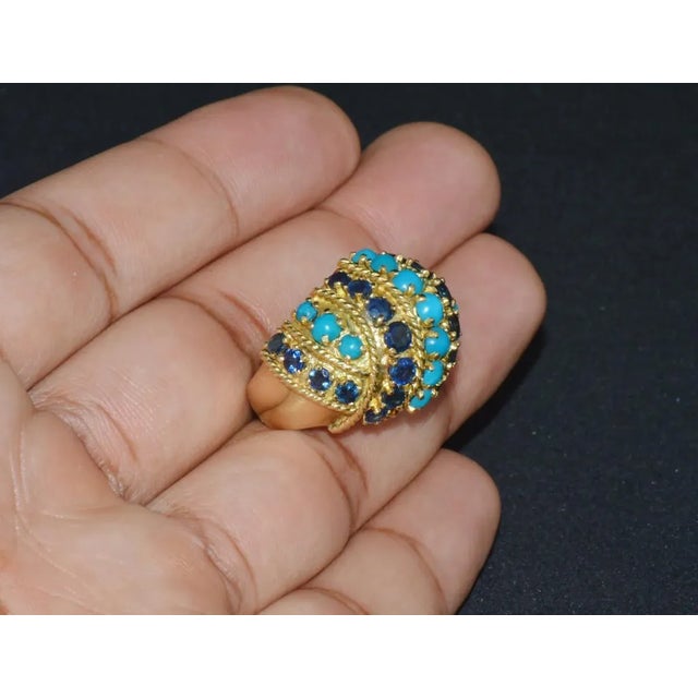 Blue Estate Natural Sapphire Turquoise 18k Solid Gold Cocktail Domed Ring, Size 6.25 For Sale - Image 8 of 10