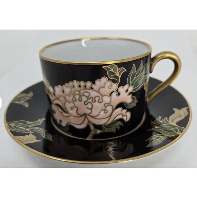 Fitz & Floyd Cloisonné Peony Ff 75, Black - Retired Collection of 4 Settings / Dinner Plates , Accent Plates and Four Cups With Saucers For Sale In Dallas - Image 6 of 12