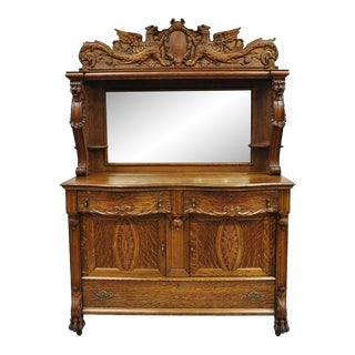 Late 19th Century Antique Victorian Figural Lion & Griffin Carved Oak Wood Sideboard Buffet For Sale