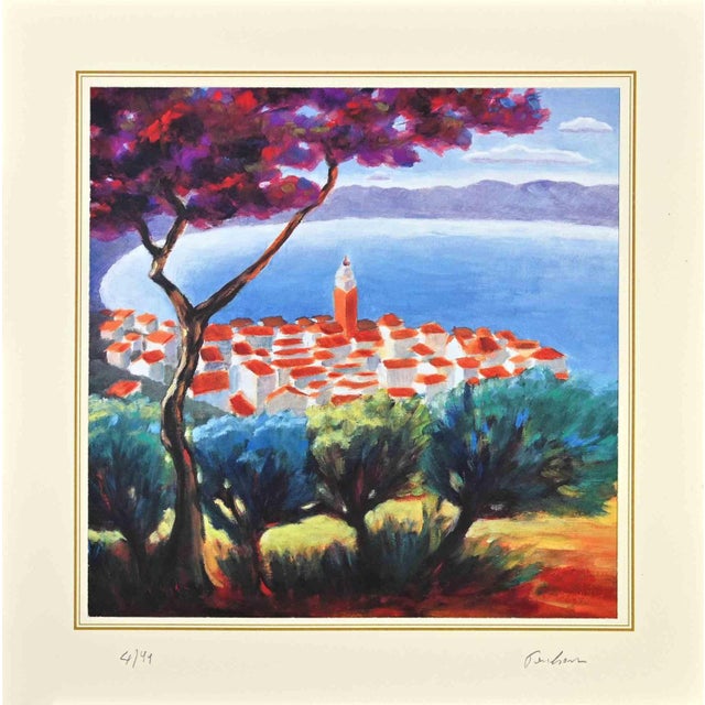 Modern Nicholas Verrall, The Village on the Lake, Lithograph, Late 20th Century For Sale - Image 3 of 3