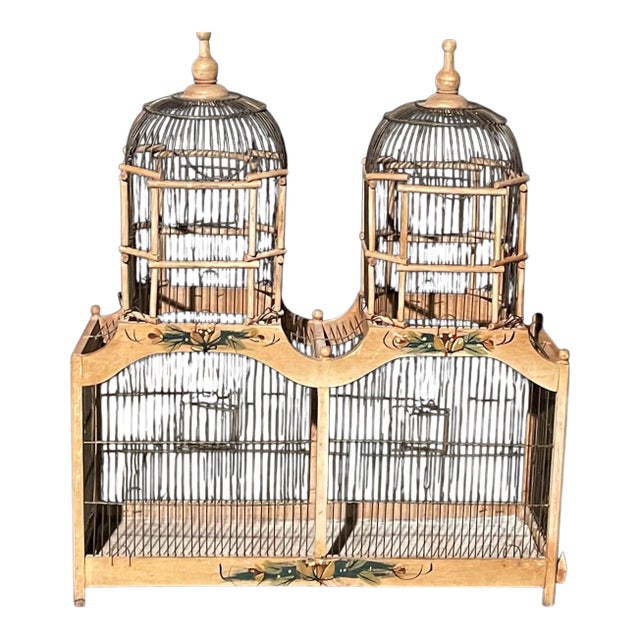 Vintage Victorian Double Spire Bamboo Bird Cage For Sale