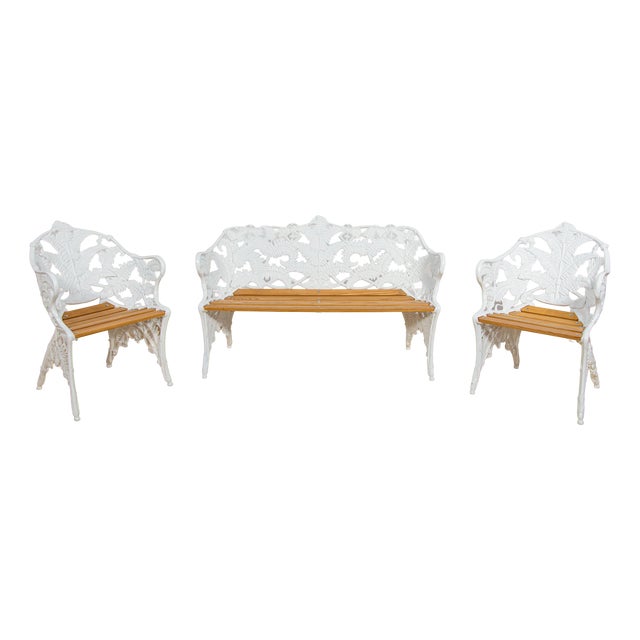 Victorian Coalbrookdale Garden Set with Bench and Armchairs, United Kingdom, 1950s, Set of 3 For Sale