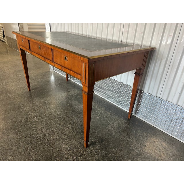 19th C French Louis 16th Three Drawer Bureau Plat Desk With Brass Trim For Sale - Image 4 of 12
