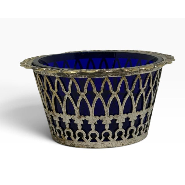 Mid 20th Century Cobalt Blue Silver Plate Filigree Condiment Bowl. It dates to the 1940’s. There is no Maker’s Mark. This...