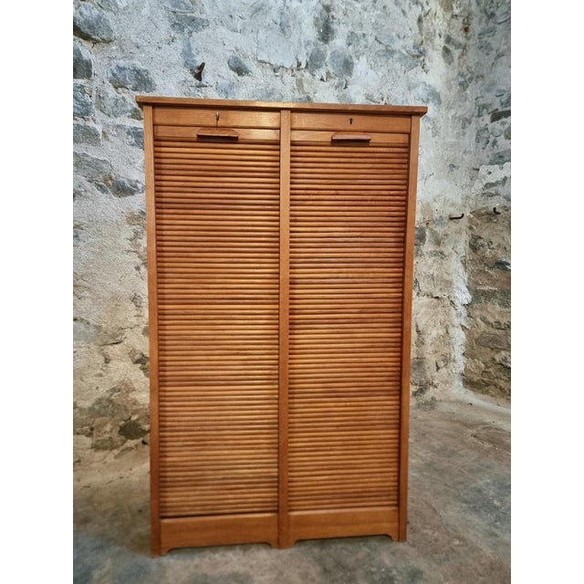 Wood Vintage French Tambour Cabinet in Oak, 1960s For Sale - Image 7 of 18