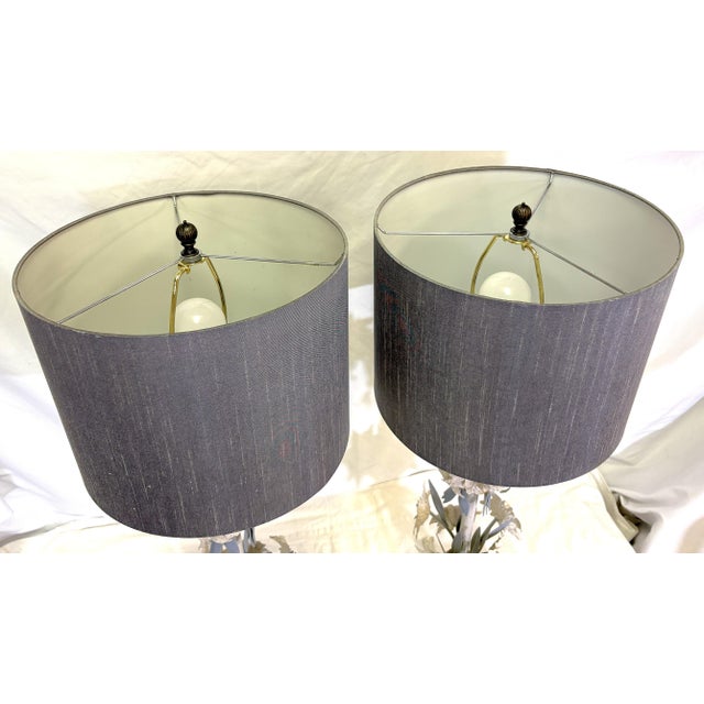 Beige Vintage Italian Floral Painted Tole Table Lamps With Shades- A Pair For Sale - Image 8 of 18