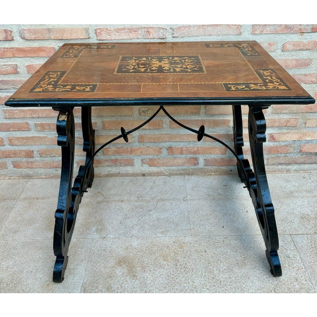 Spanish Baroque Side Table with Lyre Legs and Marquetry Top, 1850 For Sale - Image 17 of 18