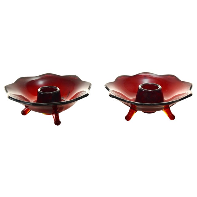 Fenton Art Glass Company Fenton Ruby Red Glass Candle Holders – A Pair For Sale - Image 4 of 4