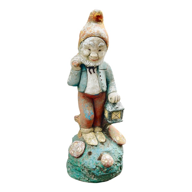 Vintage Concrete Garden Gnome with Weathered Polychrome Paint, 1950s For Sale