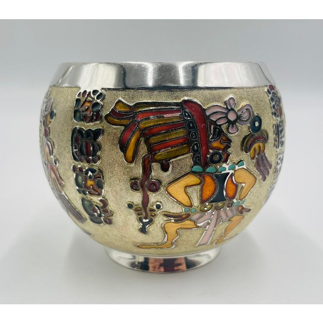 Gold 1960s Miguel Pineda Silver-Plated Enamel Bowl With Mayan Motifs, Taxco Mexico For Sale - Image 8 of 16