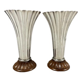 21st Century Modern Traditional Fluted Silver Plate Vase With Walnut Base - A Pair For Sale