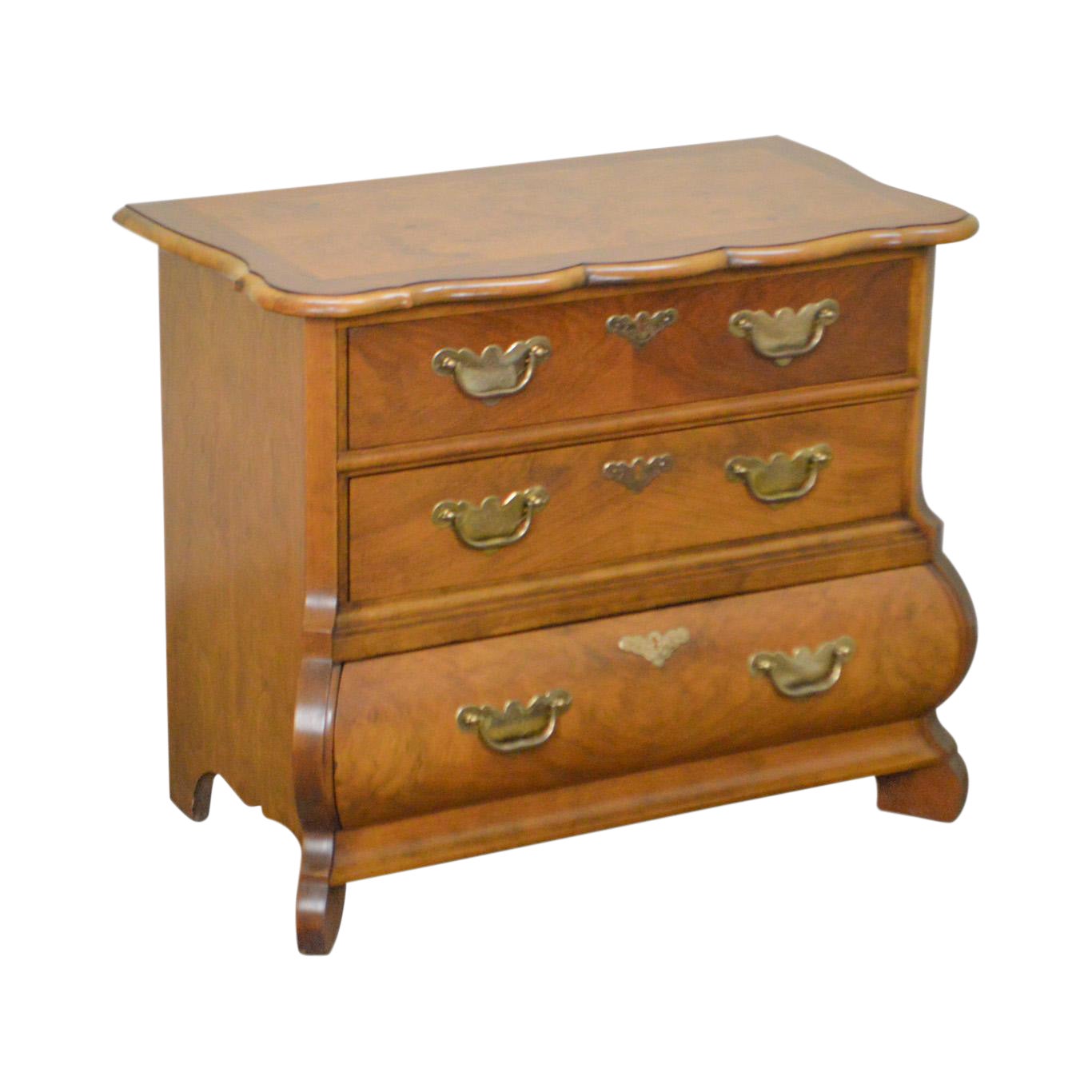 Baker Walnut Bombe Continental Style 3 Drawer Commode Chest Nightstand