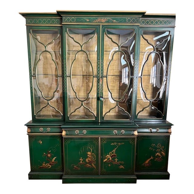 Vintage Karges Chinoiserie Style Bubble Glass Secretary Breakfront For Sale