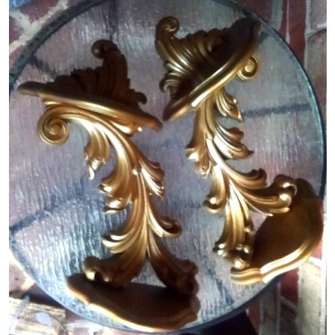 Syroco 1976 Gold Syroco 2-Tier Scroll Style Wall Shelves - A Pair For Sale - Image 4 of 6