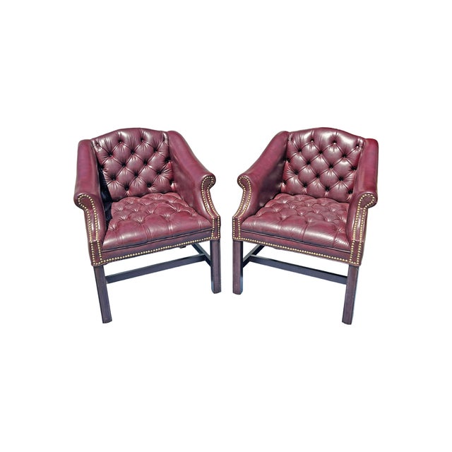 English Vintage Tufted Chesterfield Style Pair Chairs With Brass Rivets For Sale - Image 3 of 9