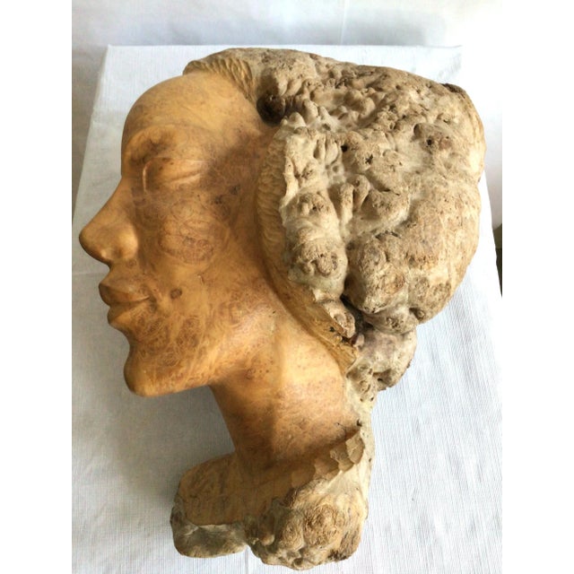 Art Nouveau 1960s Burl Wood Carving of A Woman's Face For Sale - Image 3 of 9