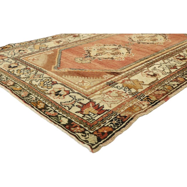 73864 Vintage Turkish Oushak Rug, 04'01 x 06'11. Step into a world where warmth and elegance intertwine, embodied in the...