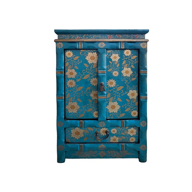 Distressed Teal Green Golden Floral Graphic Side End Table Nightstand For Sale - Image 11 of 11