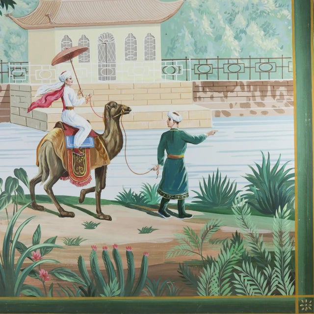 Large Vintage Chinoiserie Decorative Painting With Camel Rider and Pagoda Scene For Sale In New York - Image 6 of 8