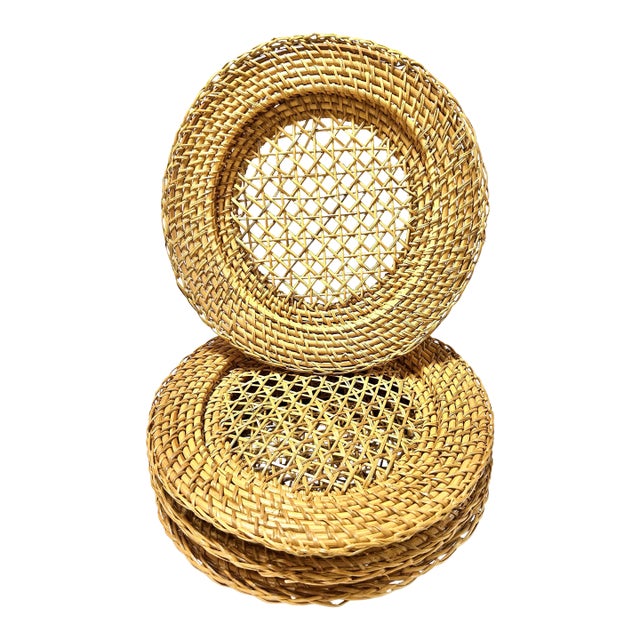 Boho Woven Rattan Wicker Cane Plate Chargers - Set of 4 For Sale