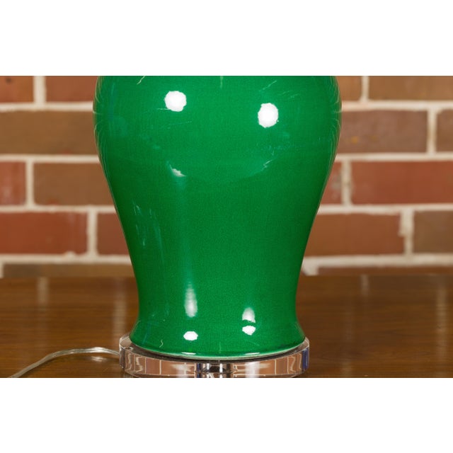 Contemporary Green Porcelain Table Lamp with Discreet Crackle Finish on Lucite Base For Sale - Image 10 of 11
