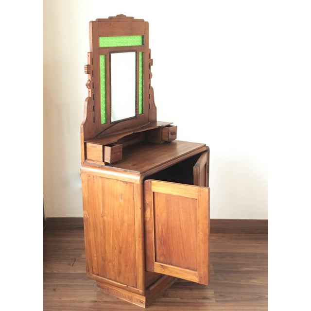 Oak Sideboard, Buffet With Mirror and Original Green Glass For Sale - Image 4 of 7