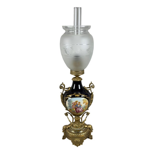 Antique French Table Lamp in Porcelain, Brass and Satin Glass For Sale