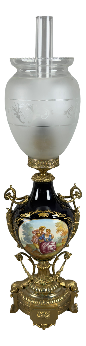 Antique French Table Lamp in Porcelain, Brass and Satin Glass