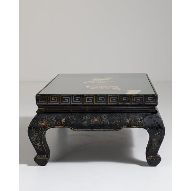 Black Chinoiserie Coffee Table with Glass Top, Antique, China, 20th Century For Sale - Image 8 of 13