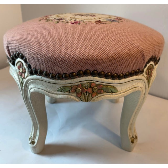 Vintage French Provincial Pink Needlepoint Footstool For Sale - Image 11 of 11