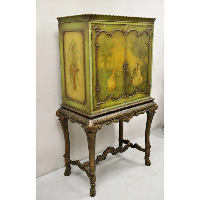 Antique French Renaissance/Baroque Green Distressed Hand Painted Radio/Bar Cabinet Cupboard. Item features a 2 part...