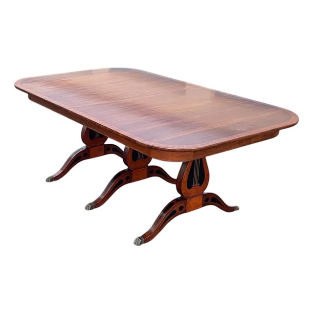 Early 20th Century Satin Banded Mahogany Lyre Based Extendable Dining Table by Joseph Gerte For Sale