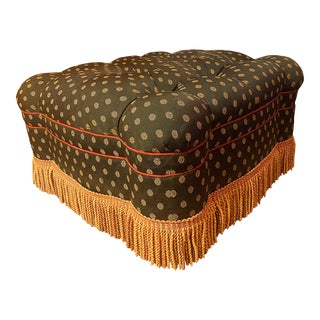 Vintage Black Medallion Tufted Ottoman With Bouillon Fringe For Sale